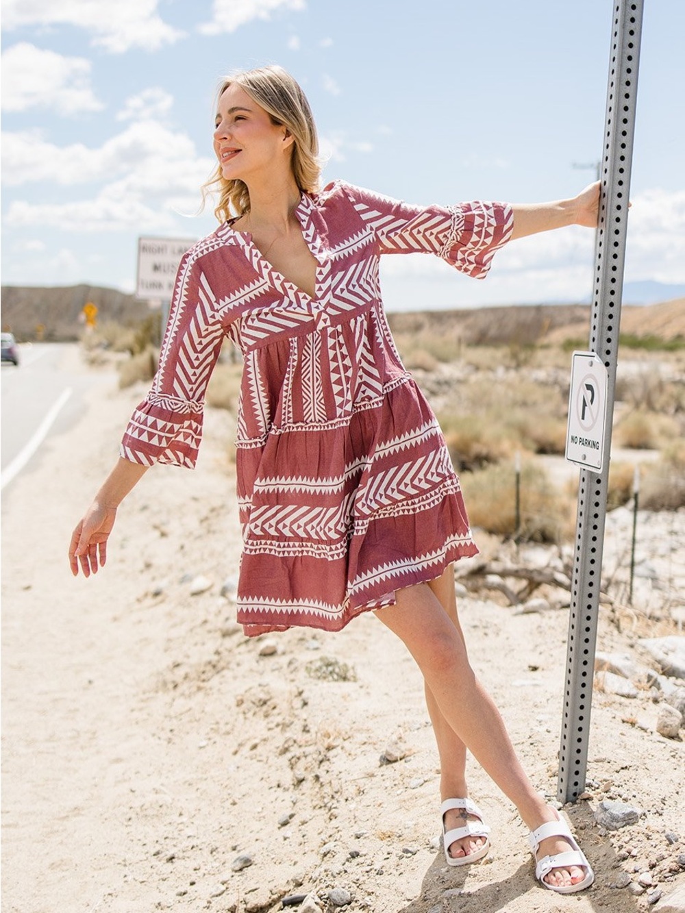Vero Moda Mauve and White Printed Long Sleeve Tiered Dress
